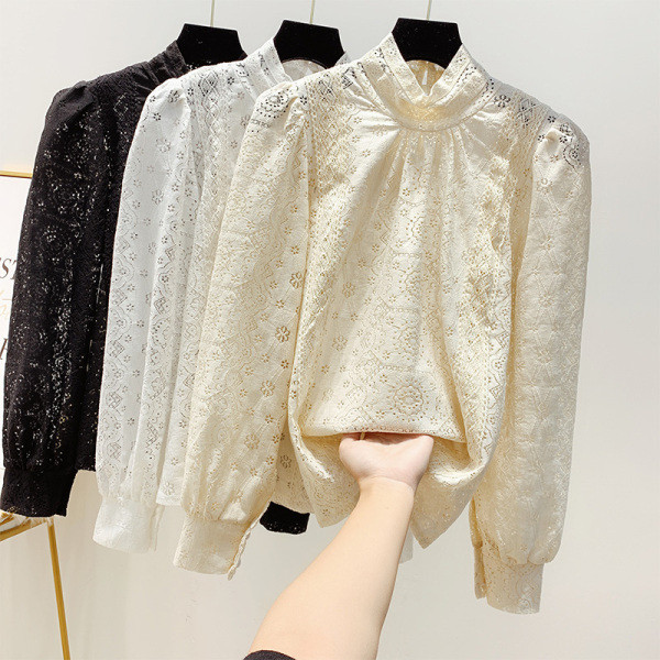 Női csipke ing puffos ujjakkal és pólógallérral fehér, bézs és fekete színben