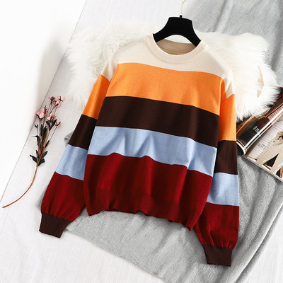 Modern téli csíkos női pulóver kerek nyakkivágással