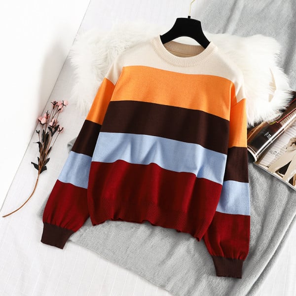 Modern téli csíkos női pulóver kerek nyakkivágással