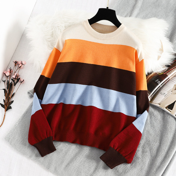 Modern téli csíkos női pulóver kerek nyakkivágással