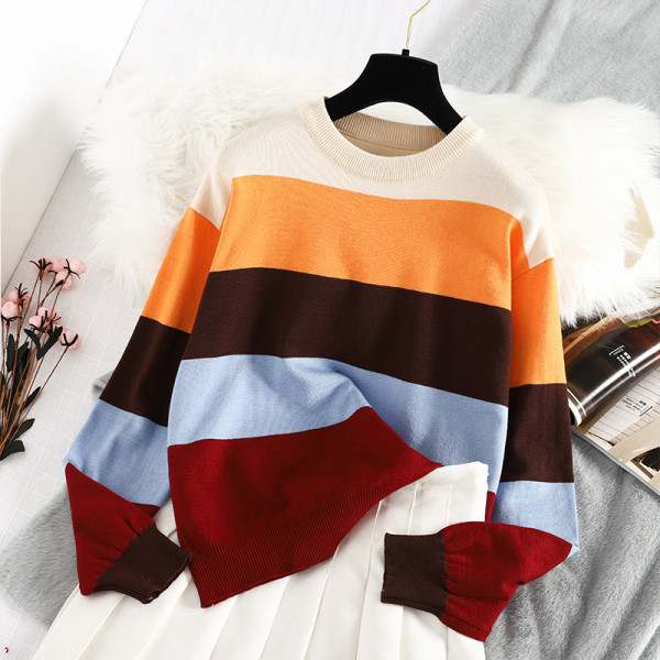 Modern téli csíkos női pulóver kerek nyakkivágással