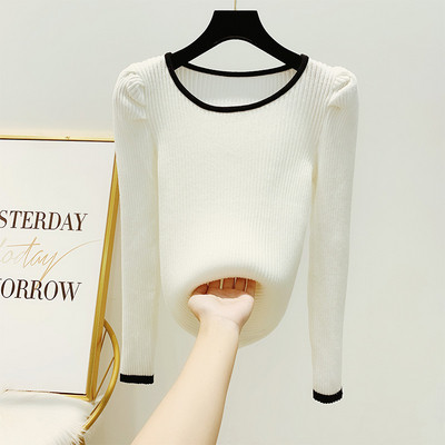 Vékony kötésből készült női pulóver puffos ujjakkal, fehér és fekete színben