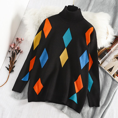 Pulover de damă cu guler polo înalt și model în gri și negru