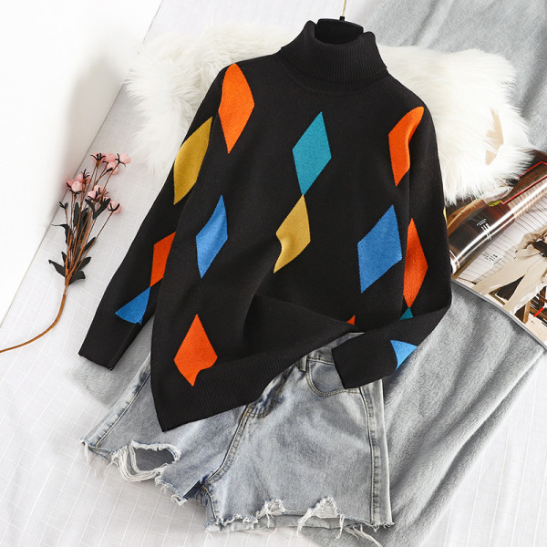 Pulover de damă cu guler polo înalt și model în gri și negru