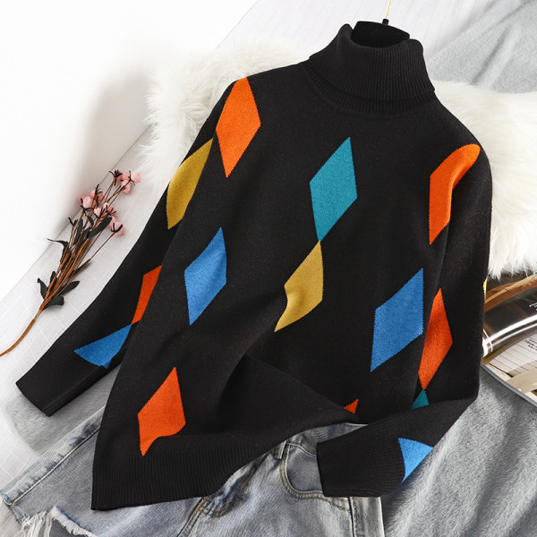 Pulover de damă cu guler polo înalt și model în gri și negru