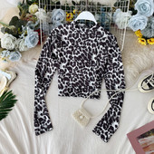 Modern női blúz magas pólógallérral, állatmintás, hosszú ujjú három színben