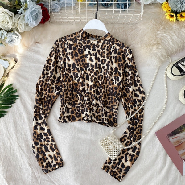 Modern női blúz magas pólógallérral, állatmintás, hosszú ujjú három színben