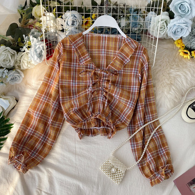 Női kockás ing nyakkendővel és gumírozott derékkal, különböző színekben