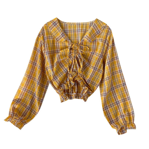 Női kockás ing nyakkendővel és gumírozott derékkal, különböző színekben