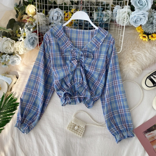 Női kockás ing nyakkendővel és gumírozott derékkal, különböző színekben