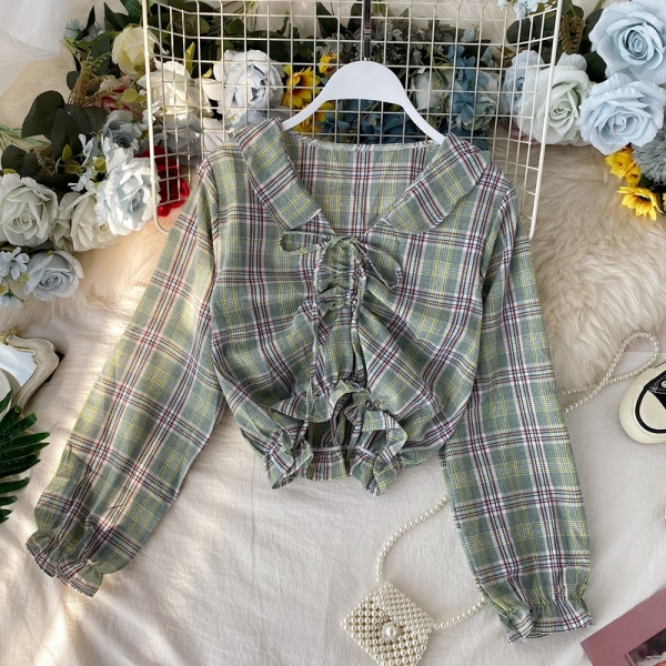 Női kockás ing nyakkendővel és gumírozott derékkal, különböző színekben