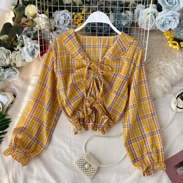 Női kockás ing nyakkendővel és gumírozott derékkal, különböző színekben