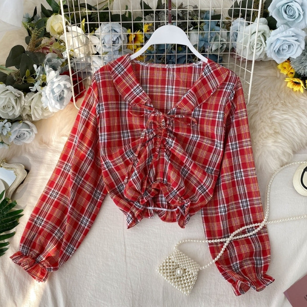 Női kockás ing nyakkendővel és gumírozott derékkal, különböző színekben