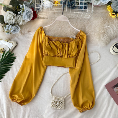 Modern női rövid blúz csupasz váll és hosszú ujjú több színben