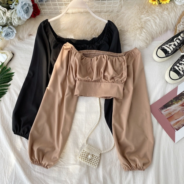 Modern női rövid blúz csupasz váll és hosszú ujjú több színben