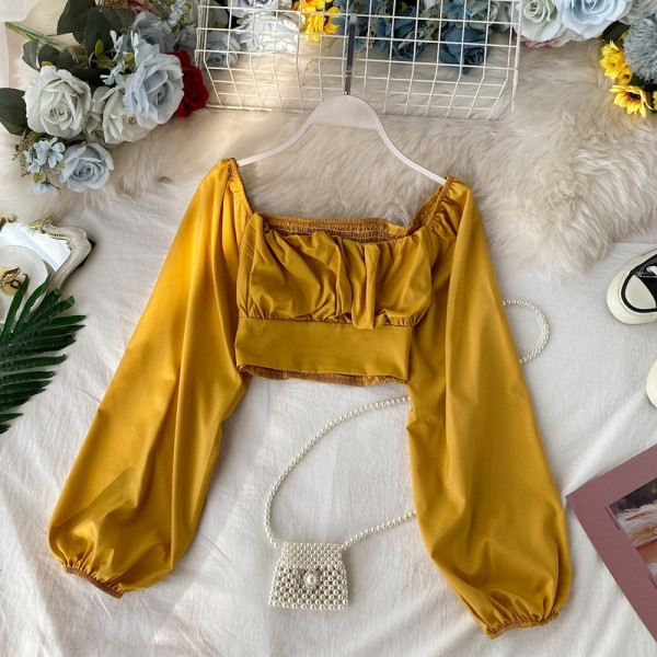 Modern női rövid blúz csupasz váll és hosszú ujjú több színben