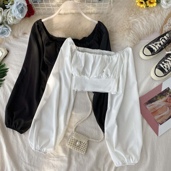 Modern női rövid blúz csupasz váll és hosszú ujjú több színben