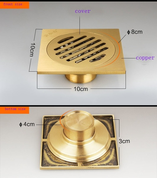 Sifon de podea de cupru de 10 cm potrivit pentru o baie patrata in culoarea aurie