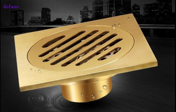 Sifon de podea de cupru de 10 cm potrivit pentru o baie patrata in culoarea aurie