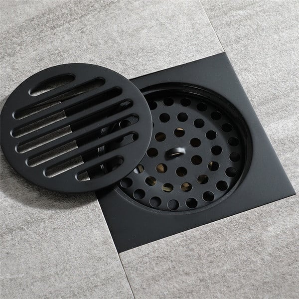 Практичен сифон за под - дренаж за баня в квадратна форма с изваждаща се цедка против запушване в черен цвят