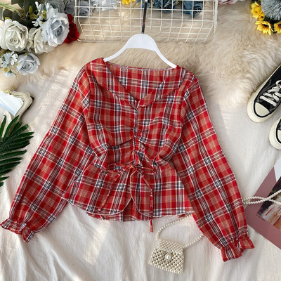 Cămașă de damă în carouri cu decolteu spitz și panglică în mai multe culori