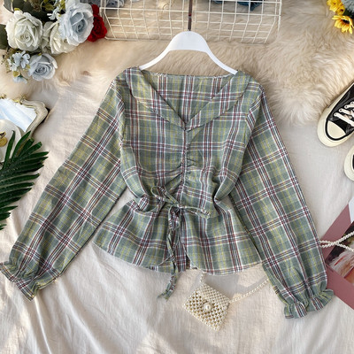 Cămașă de damă în carouri cu decolteu spitz și panglică în mai multe culori