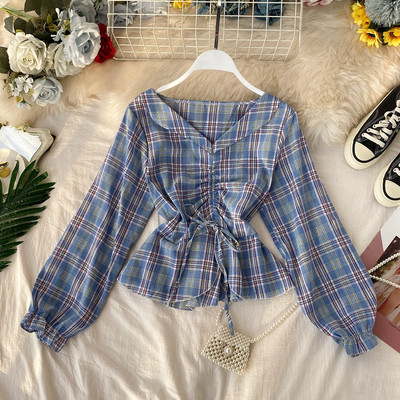 Cămașă de damă în carouri cu decolteu spitz și panglică în mai multe culori