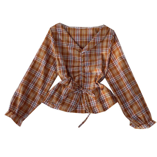 Cămașă de damă în carouri cu decolteu spitz și panglică în mai multe culori