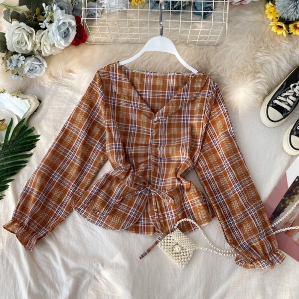Cămașă de damă în carouri cu decolteu spitz și panglică în mai multe culori
