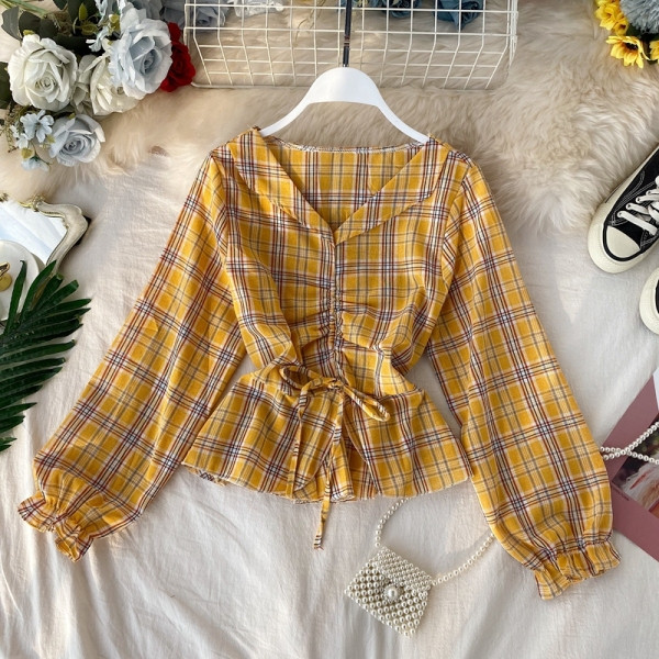 Cămașă de damă în carouri cu decolteu spitz și panglică în mai multe culori