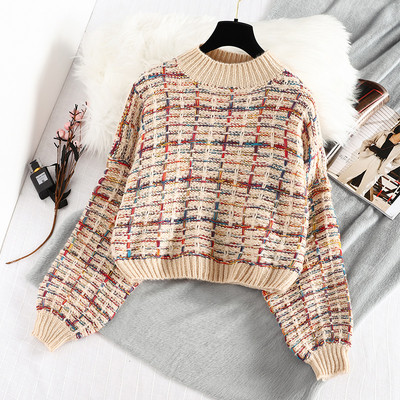 Női kockás pulóver pólógallérral, fekete, bézs, rózsaszín és szürke színben