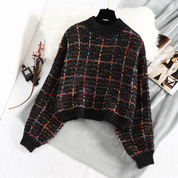 Női kockás pulóver pólógallérral, fekete, bézs, rózsaszín és szürke színben