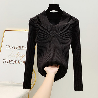 Női pulóver vékony kötésből és spitz nyakkivágással sárga, fehér, barna és fekete színekben