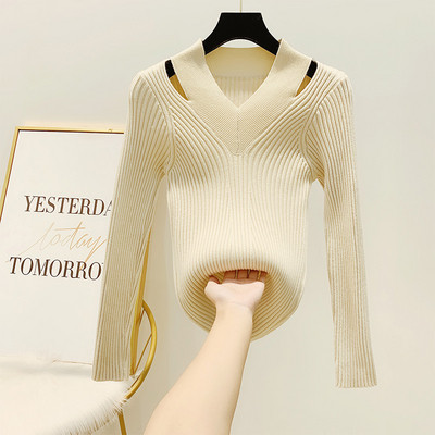 Női pulóver vékony kötésből és spitz nyakkivágással sárga, fehér, barna és fekete színekben