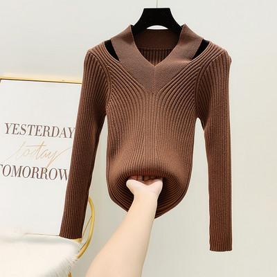 Női pulóver vékony kötésből és spitz nyakkivágással sárga, fehér, barna és fekete színekben