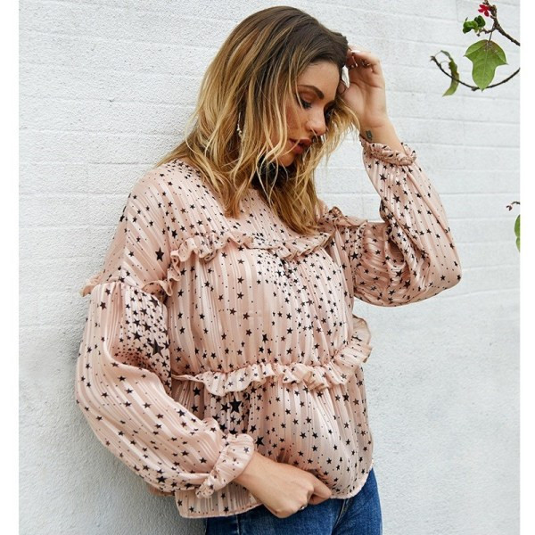 Modern női ing hosszú ujjú, O-nyakú fekete, fehér és rózsaszín színben