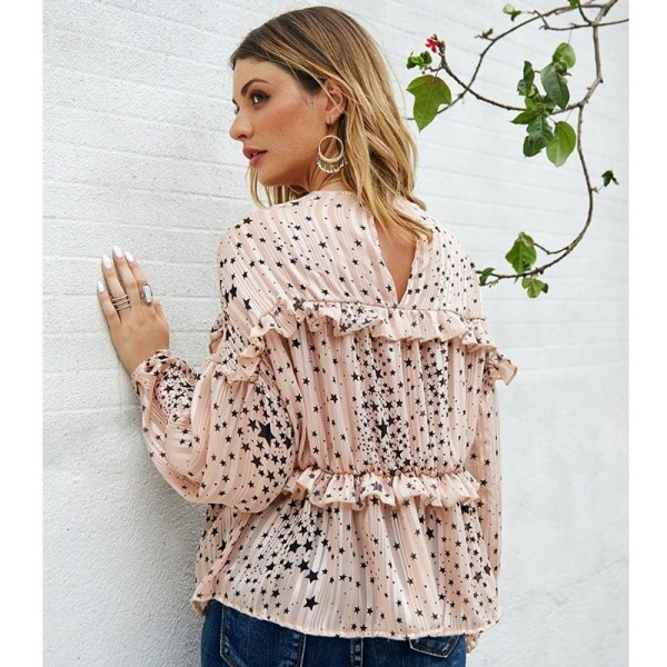 Modern női ing hosszú ujjú, O-nyakú fekete, fehér és rózsaszín színben