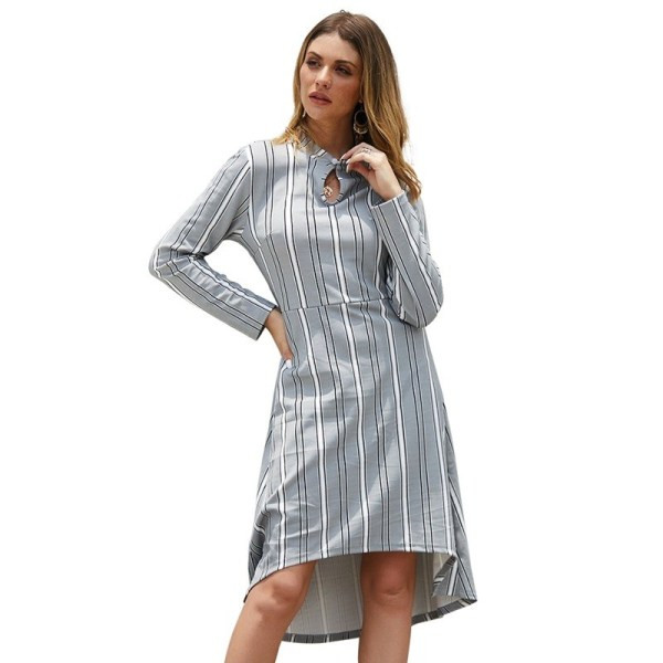 Őszi női csíkos ruha, hosszú ujjú fekete és szürke színben