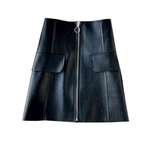 Fusta eleganta din piele de dama cu talie inalta si fermoar in negru si auriu