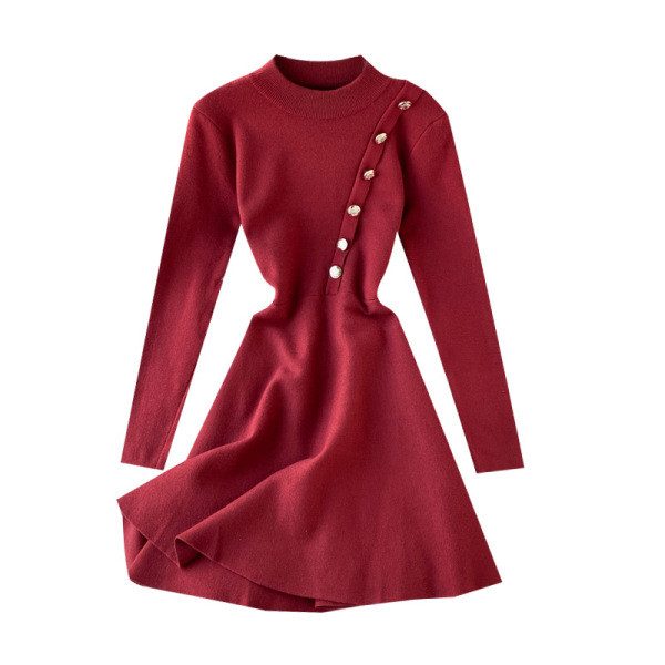 Kötött női ruha gombokkal és hosszú ujjú fekete és bordó színben