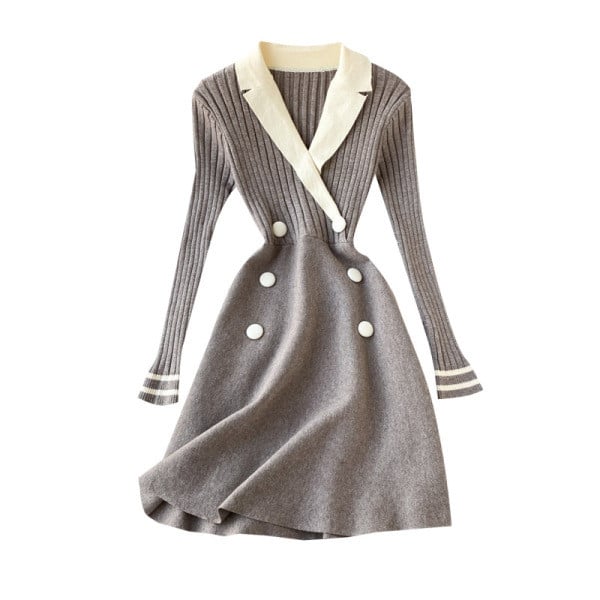 Női kötött ruha spitz nyakkivágással és gombokkal szürke és fekete színben