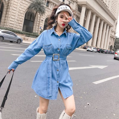 Camasa rochie de dama din denim cu curea in talie de culoare albastra