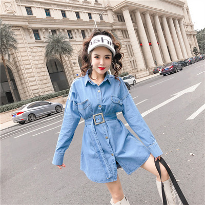 Camasa rochie de dama din denim cu curea in talie de culoare albastra
