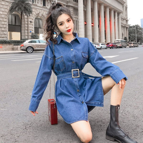 Camasa rochie de dama din denim cu curea in talie de culoare albastra