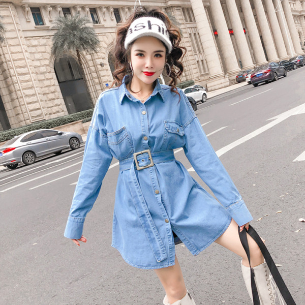 Camasa rochie de dama din denim cu curea in talie de culoare albastra