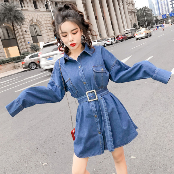 Camasa rochie de dama din denim cu curea in talie de culoare albastra