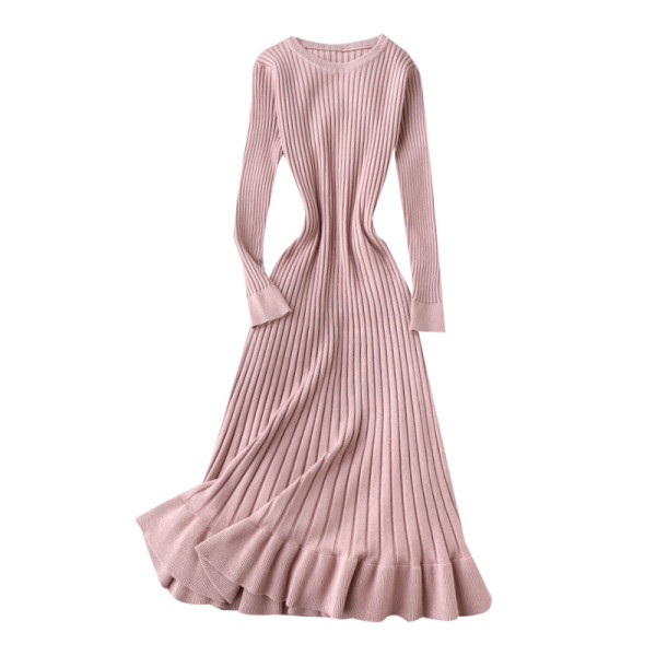 Modern női kötött ruha ovális nyakkivágással és hosszú ujjakkal, négy színben