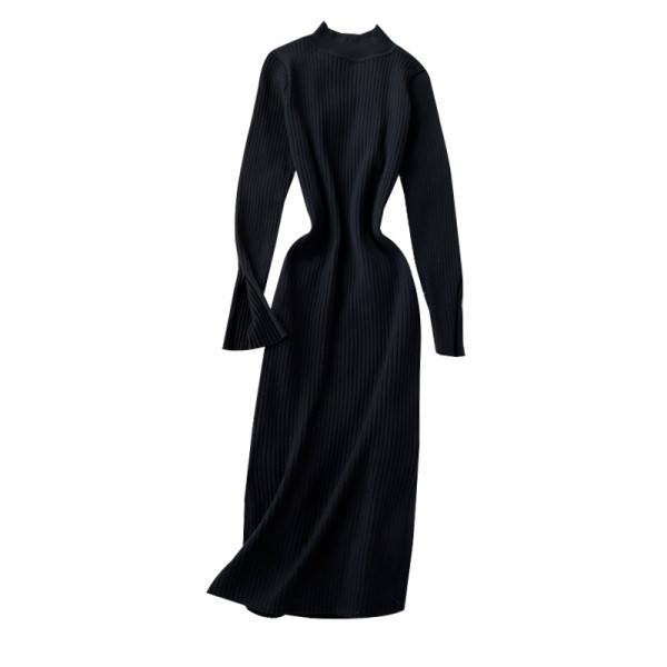 Női lezser hosszú kötött ruha hasítékkal és hosszú ujjú fekete és sárga színben