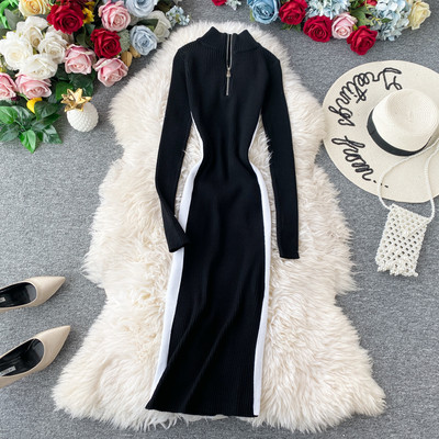 Modern női kötött ruha testén több színben cipzárral