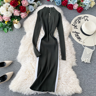 Modern női kötött ruha testén több színben cipzárral